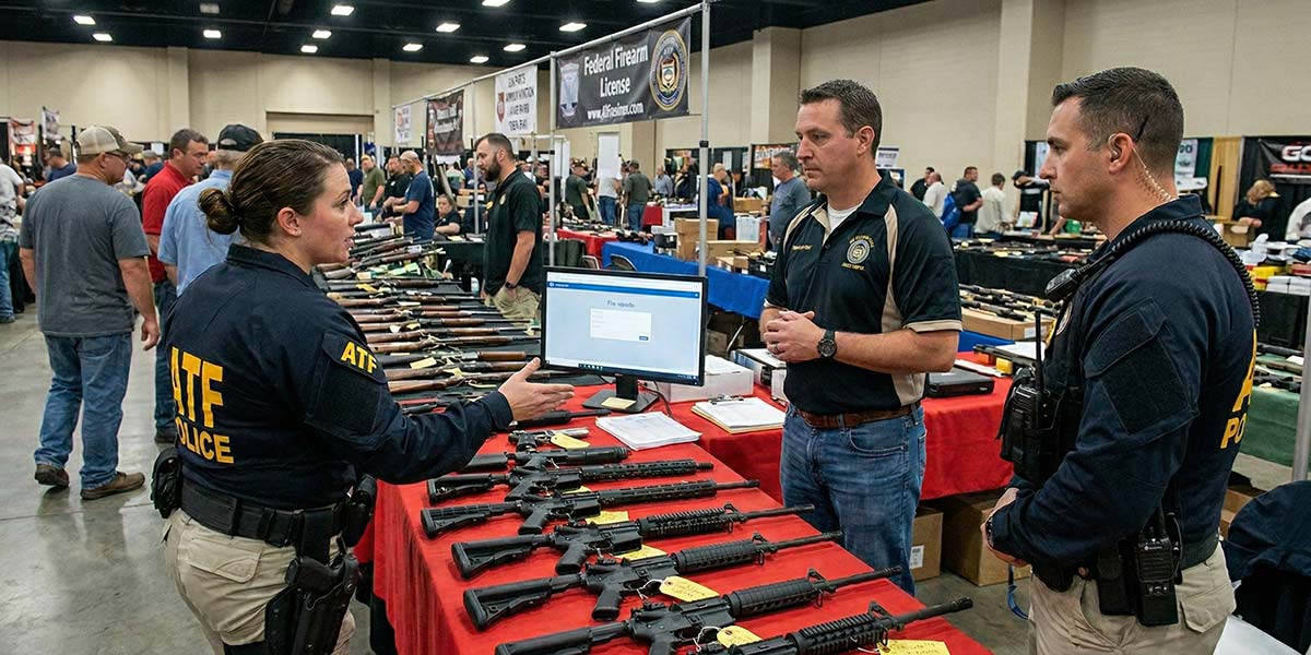 ATF agents questioning a man at a gun show about his FFL dealers license