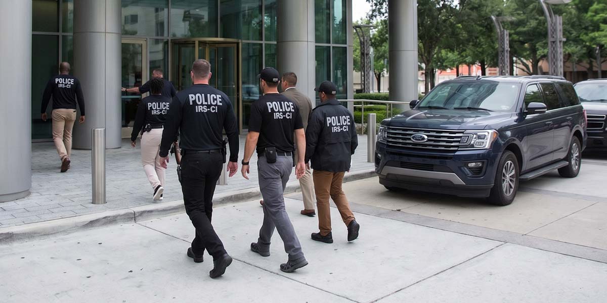 IRS CI Agents walking into a building to conduct an IRS fraud investigation