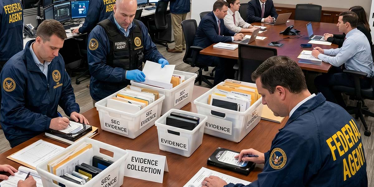 SEC Agents gathering evidence in an financial company's office.