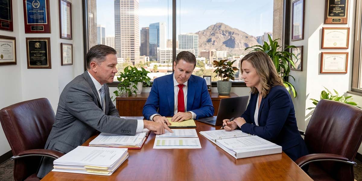 Federal whistleblower attorney Josh Kolsrud reviewing financial information with clients in a conference room.