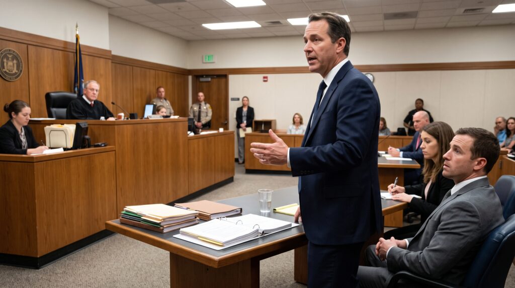 Defense attorney in trial.